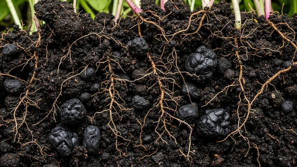 Close-up of healthy soil enriched with biochar, showcasing improved soil structure and plant roots
